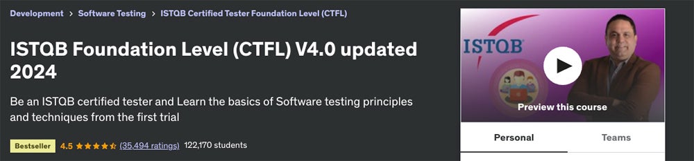 ISTQB Foundation Level (CTFL) V4.0 updated 2024 course title screenshot.