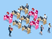 Isometric view of employees leaving their workstations.