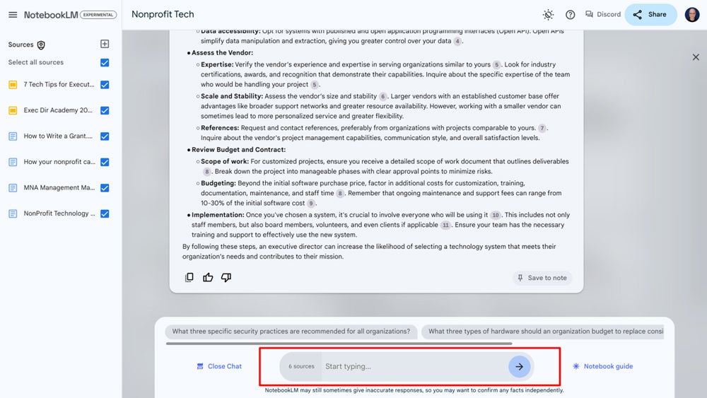 The NotebookLM interface, with the chat prompt highlighted at the bottom.