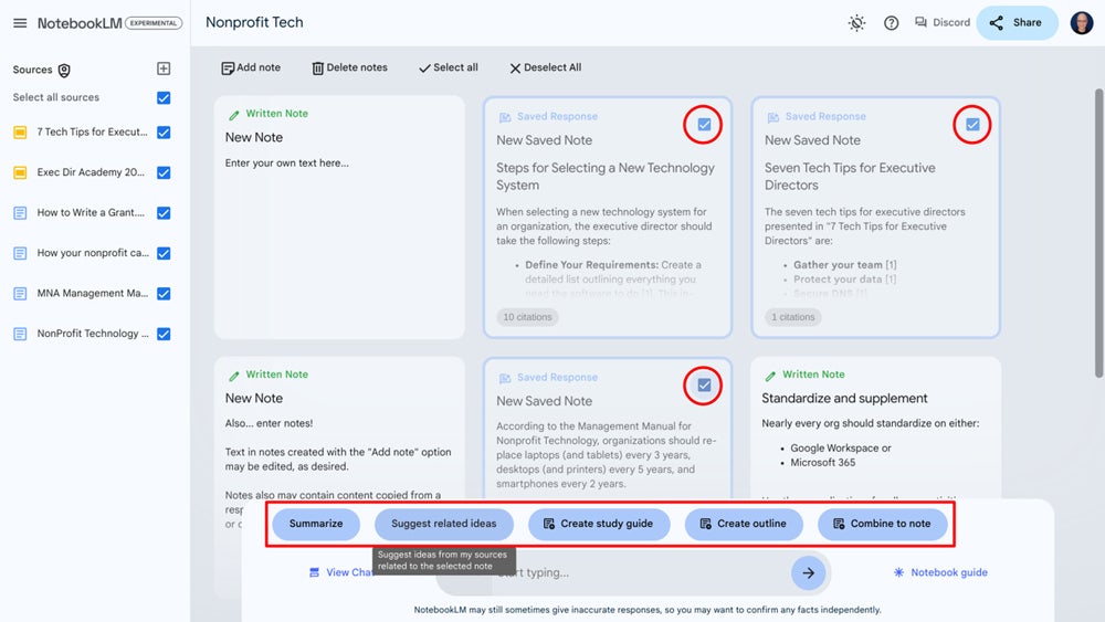 NotebookLM inteface with action options menu on highlight.