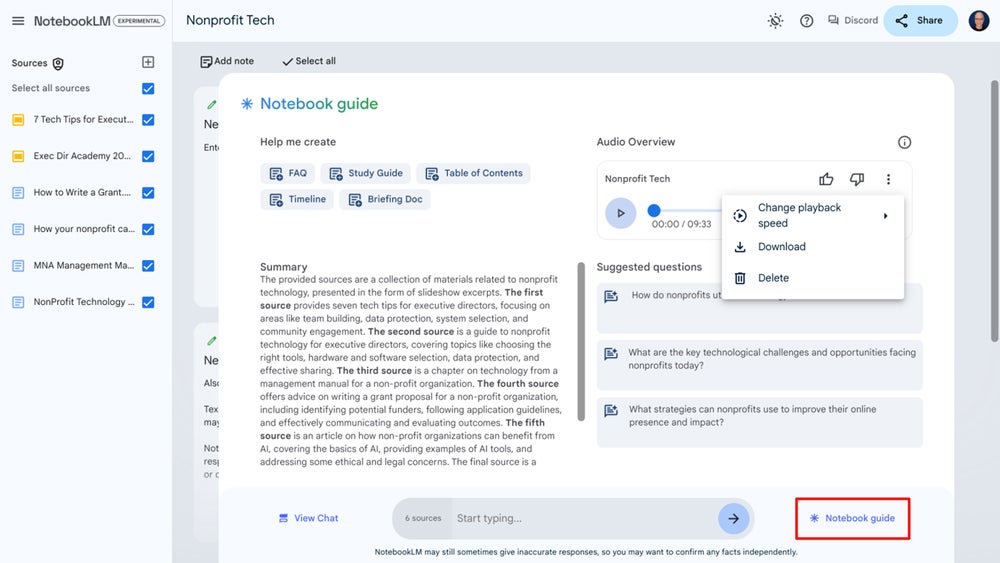 NotebookLM interface with Notebook guide feature on highlight.