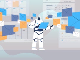 Flat vector illustration of a bot sending and receiving envelopes.