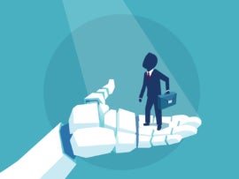 Vector of a business man in a robot hand.