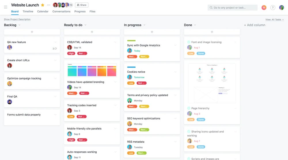 Asana website launch project, board view.