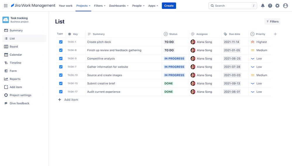 Jira task tracker in list view.