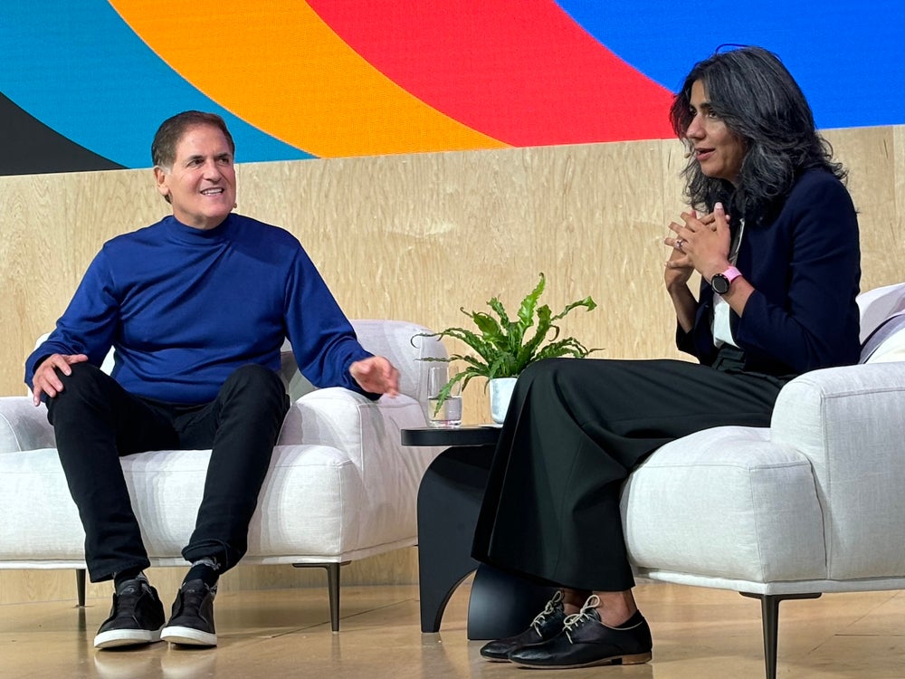 Aparna Pappu, VM and GM of Google Workspaces, interviews investor Mark Cuban at Google's Pier 57 location in New York on September 26.