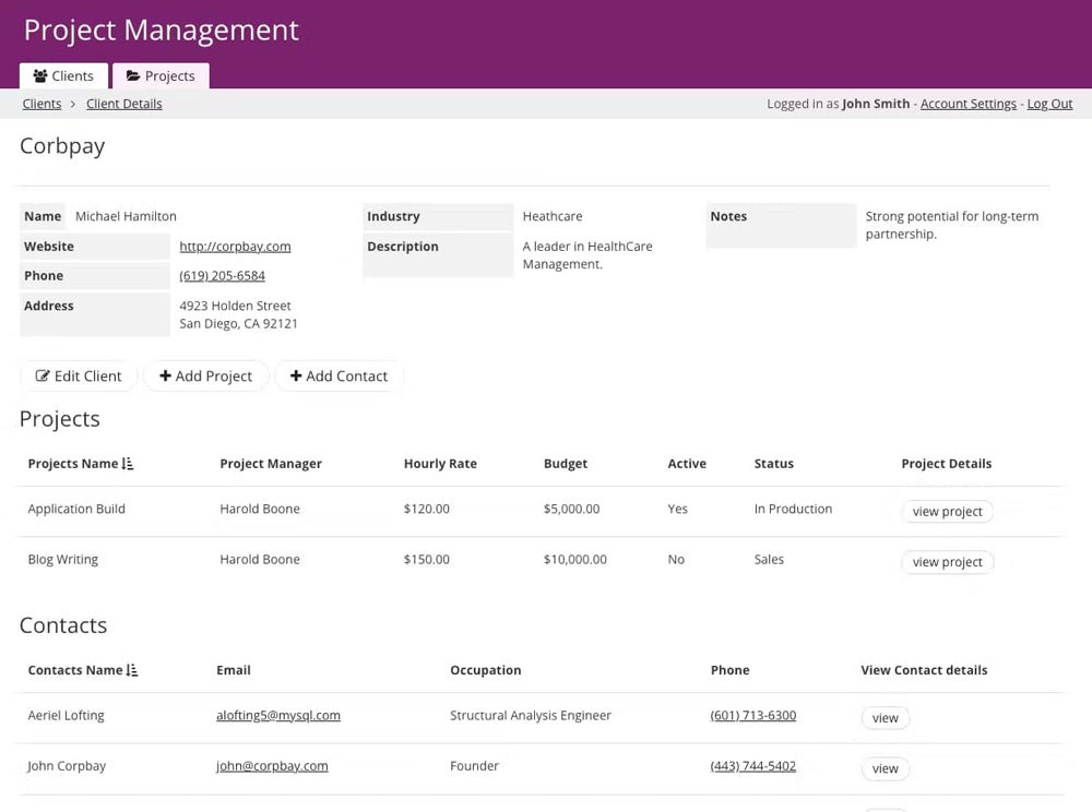 Client overview dashboard in the Knack project management database.