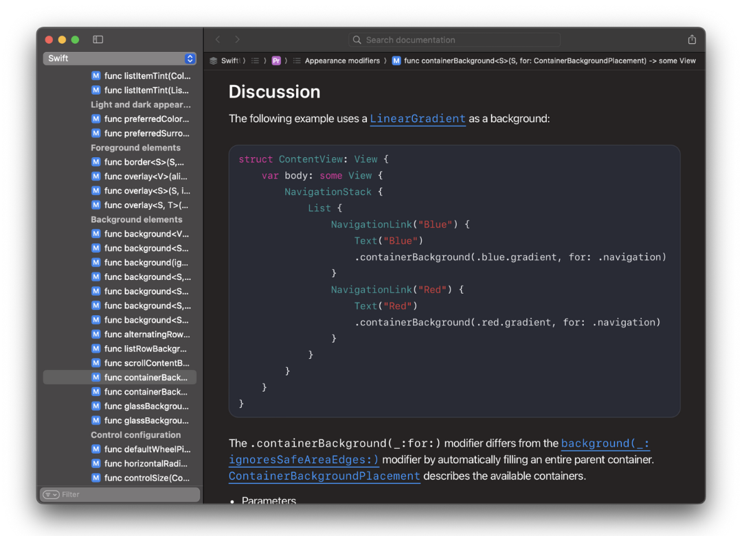 A screenshot of Apple documentation in Xcode.