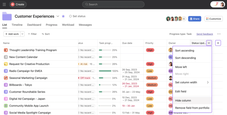 Asana portfolio list view showing multiple projects with status labels, priority tags, progress bars, due dates, and assigned owners in a table layout.