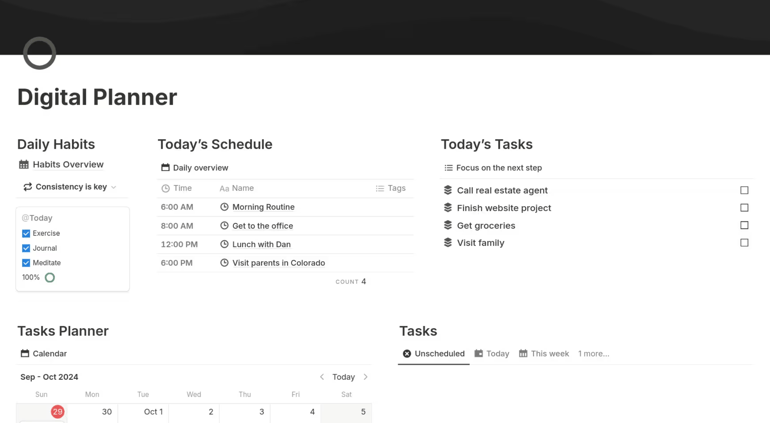 A daily workspace in Notion designed to combine scheduling, productivity habits, and actionable task tracking.
