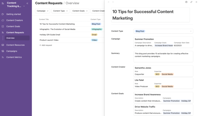 A sample content request intake form on Airtable for a blog post titled 10 tips for successful content marketing. 