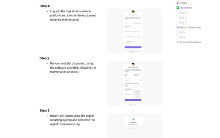 An SOP inside of ClickUp’s SOP template showing a three-step instructional guide, with images for each step.