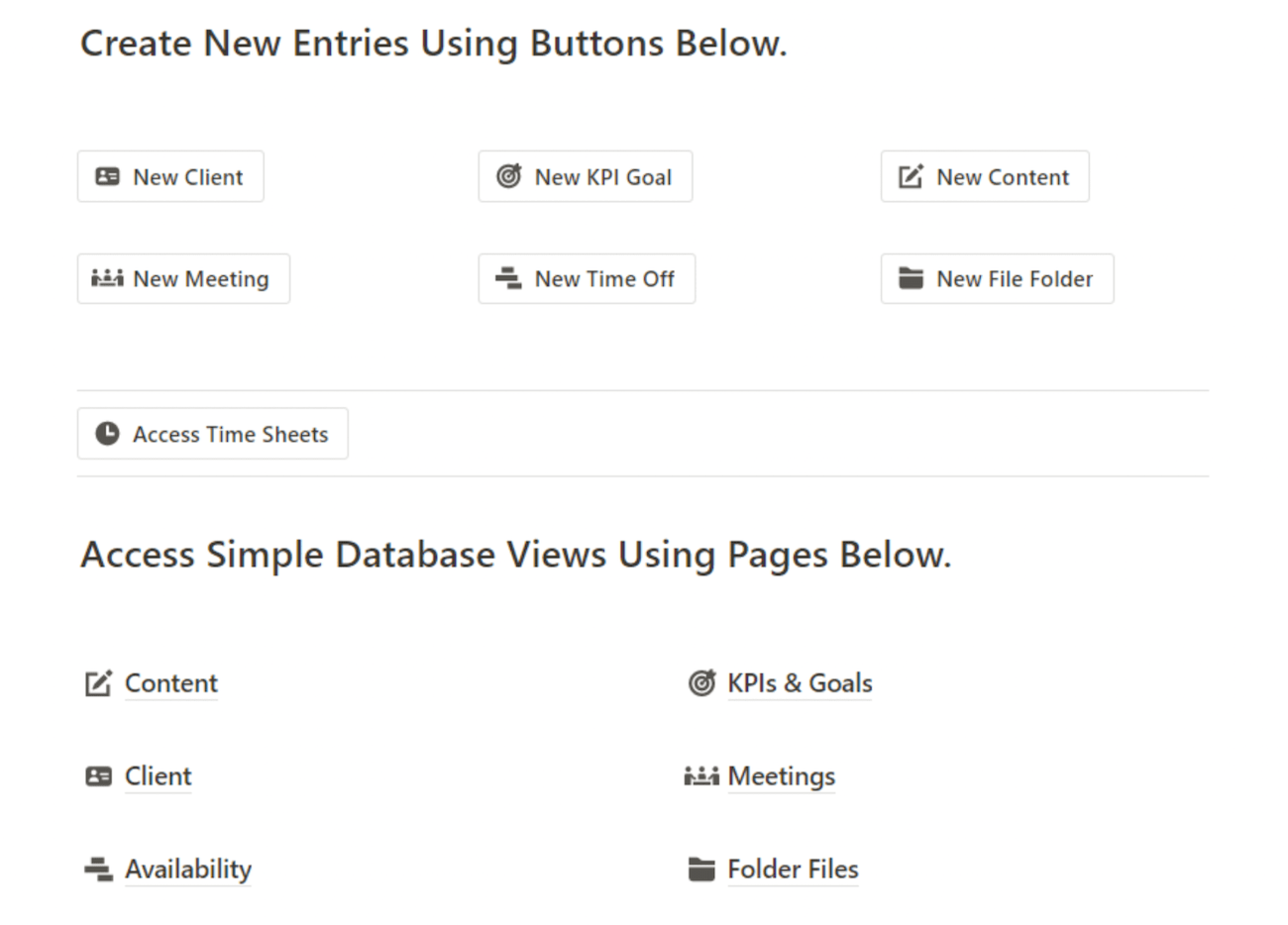 A Notion template showing six new entry buttons, plus access to different content databases. 