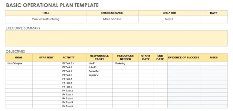 A blank operational program  template successful  a spreadsheet format with enforcement  summary and objectives headers highlighted successful  yellow.