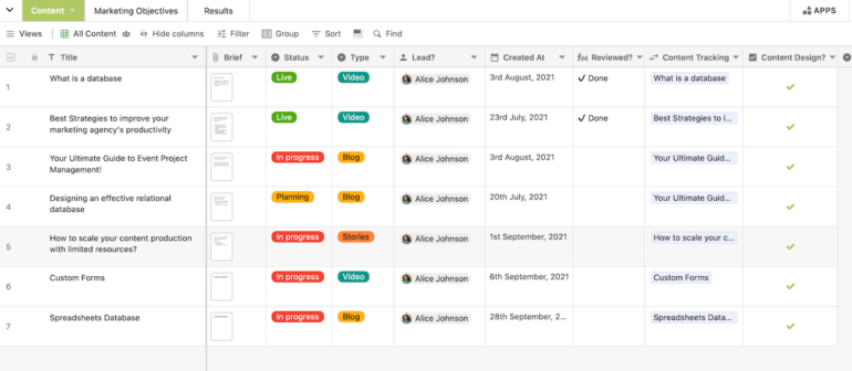 A Stackby task  committee  showing rubric  of a task, its status, benignant   of content, and different   columns for organization. 