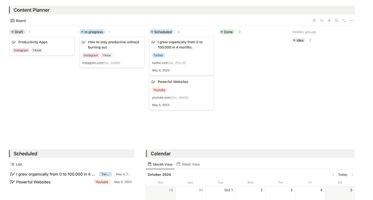 A content planner board with statuses for draft, in progress, scheduled, and done.