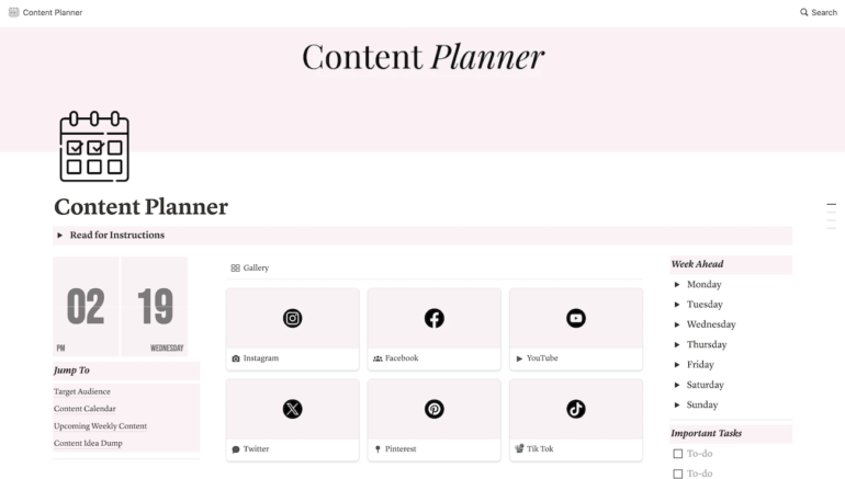 A pink-themed content planner template with a calendar icon, days of the week, and tabs for six different social media channels with a clickable icon for each one. 