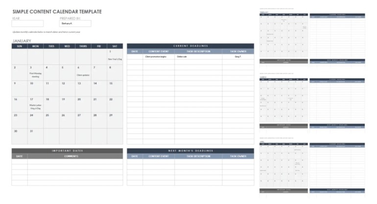 Three different sample views of a Smartsheet template, including a monthly calendar, list view, and multiple months shown with lists side-by-side. 