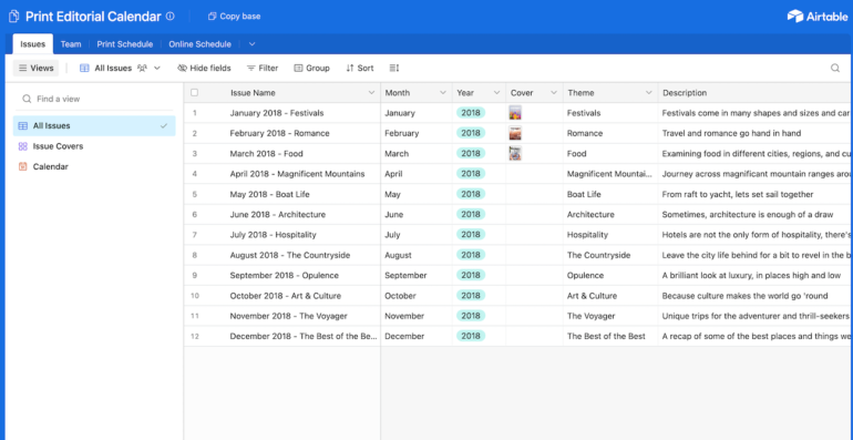 Airtable’s people     editorial calendar showing a array  presumption    for 12  antithetic  issues from January to December.