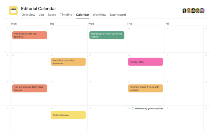 A calendar presumption    of Asana’s editorial template, utilizing a colour  strategy   to amusement   what types of contented  are scheduled to beryllium  published connected  circumstantial  dates.