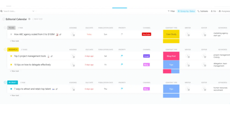 ClickUp’s editorial calendar template with tasks segmented arsenic  to-do, research, and successful  draft.