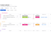 Monday.com editorial calendar showing tables for ideas and requests, approved campaigns, and content for the month with status columns and colors for organization.