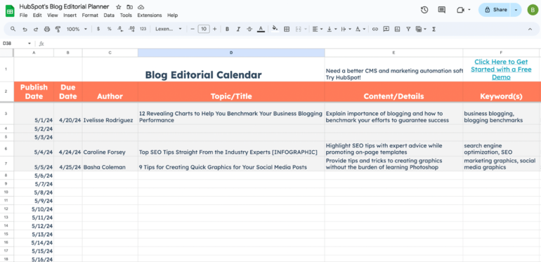 HubSpot’s blog editorial template opened successful  Google Sheets, columns for people      date, owed  date, author, title, contented  details, and keywords.