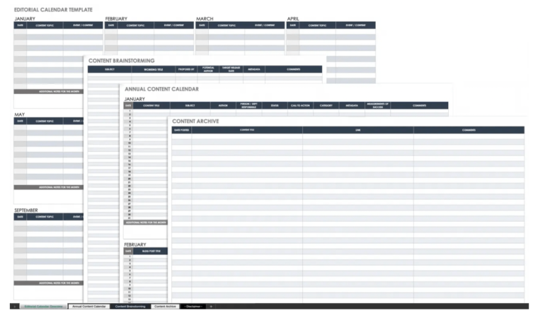 A Smartsheet template showing multiple views, including monthly, annual, brainstorming, and archive.