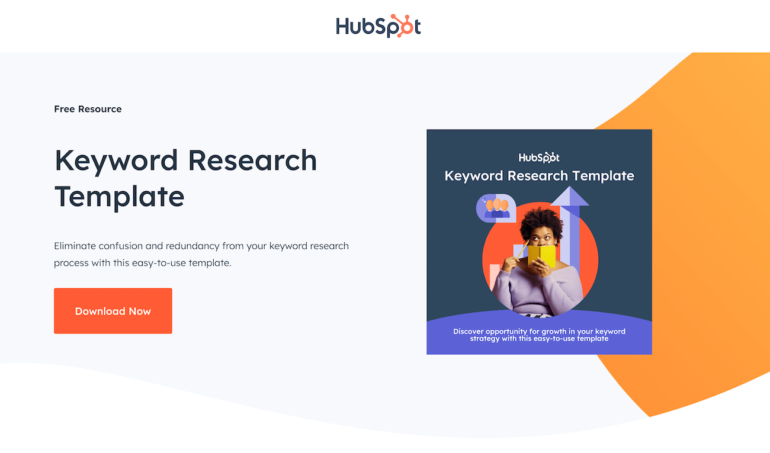 HubSpot’s keyword research template landing page, with an orange “download now” button and an image of a woman holding a yellow book over her face.