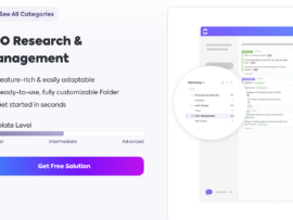 ClickUp’s SEO research & management template landing page, showing an animated example of the template used for tracking SEO tasks.