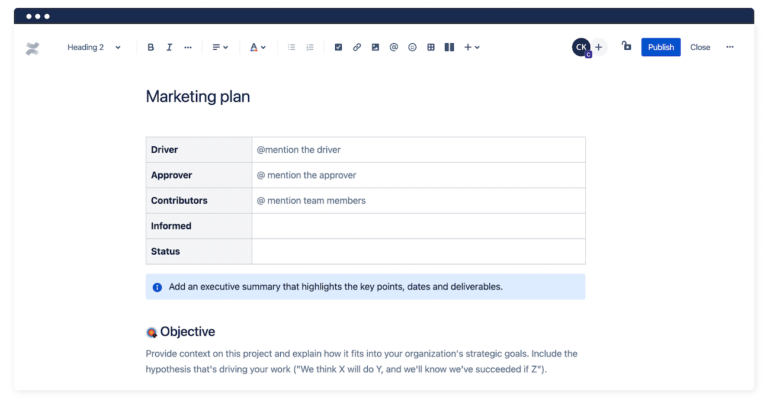 A sample marketing plan template from Confluence showing the header with a space to add an executive summary. 