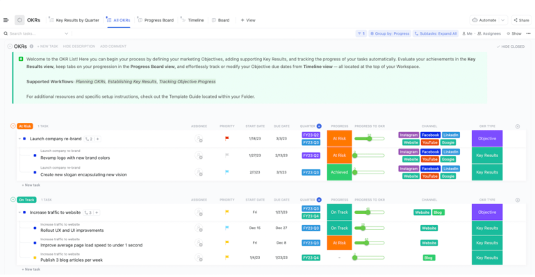 A ClickUp board with an OKR view, showing tasks on track and tasks at risk with a color-coded system.