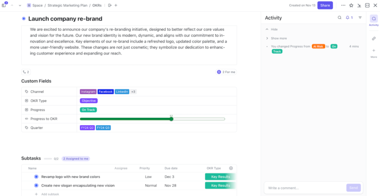 A ClickUp objective for a company rebrand that includes custom fields, subtasks, and a progress bar.