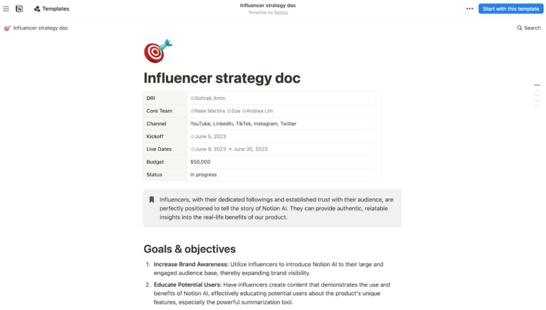 A snippet of a Notion’s influencer strategy doc, with a bull’s eye emoji and key information about the strategy, like the team, dates, and budget. 