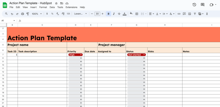 HubSpot’s action plan template opened in Google Sheets, with an orange header and columns for task ID, description, priority, due date, status, and risks. 