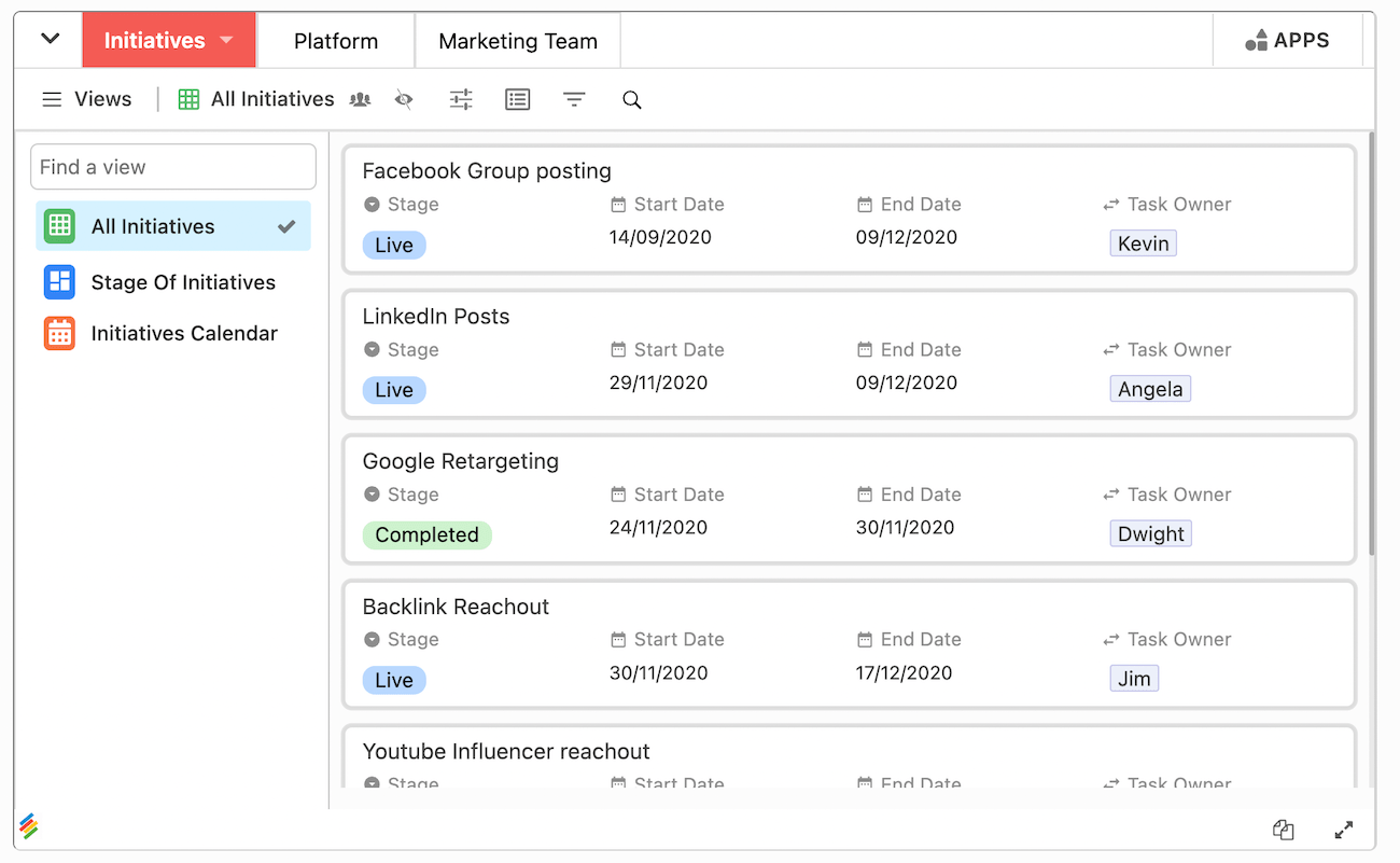 A template inside Stackby showing marketing initiatives with statuses, due dates, and task owners.