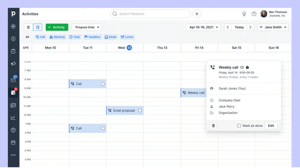 Pipedrive activity calendar feature.