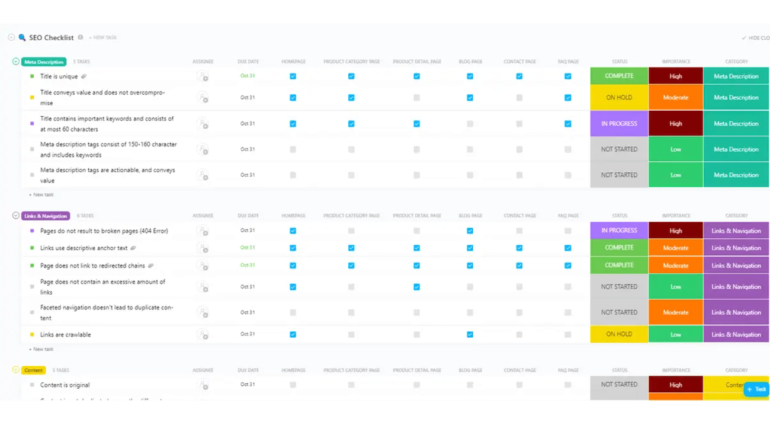 ClickUp’s SEO Checklist template showing tasks organized by check marks, colors, and categories.