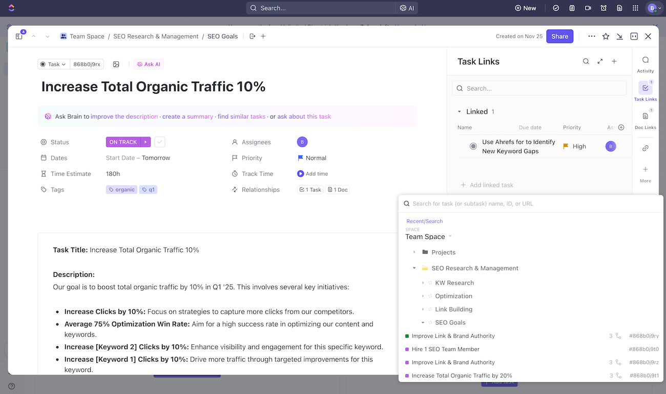 A task within ClickUp to increase total organic traffic by 10% with a due date, description, priority level, and linked tasks.