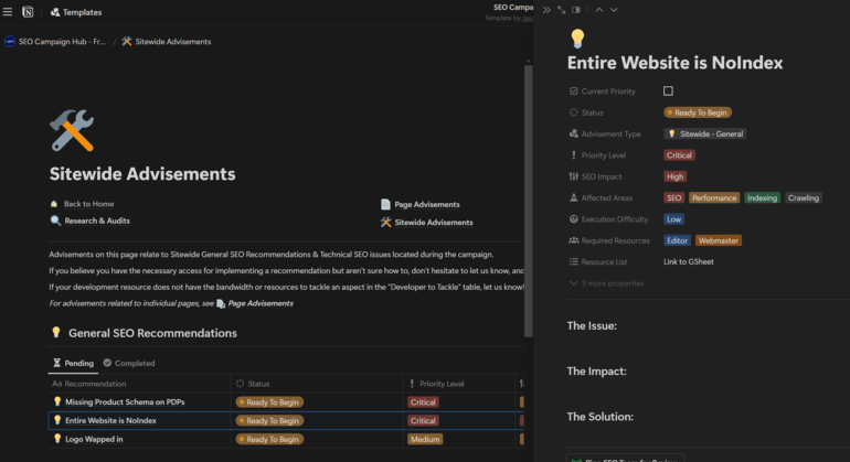 A Notion workspace with a leafage   called Sitewide Advisements unfastened  connected  the left; it has a array  beneath  with columns for task   name, status, and precedence  level   and a task   item  presumption    for 1  of those tasks opened connected  the right.