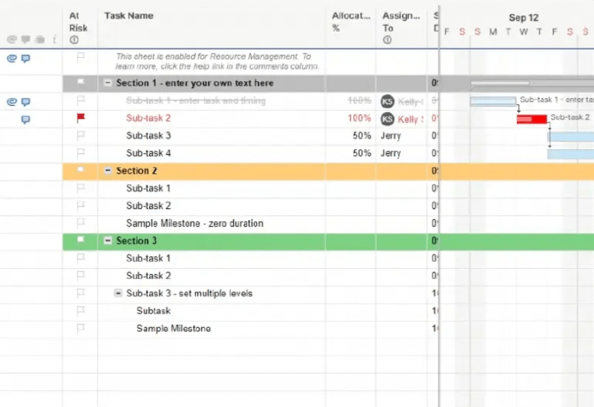 A project management template organized into three sections highlighted in gray, yellow, and green with subtasks for each section.