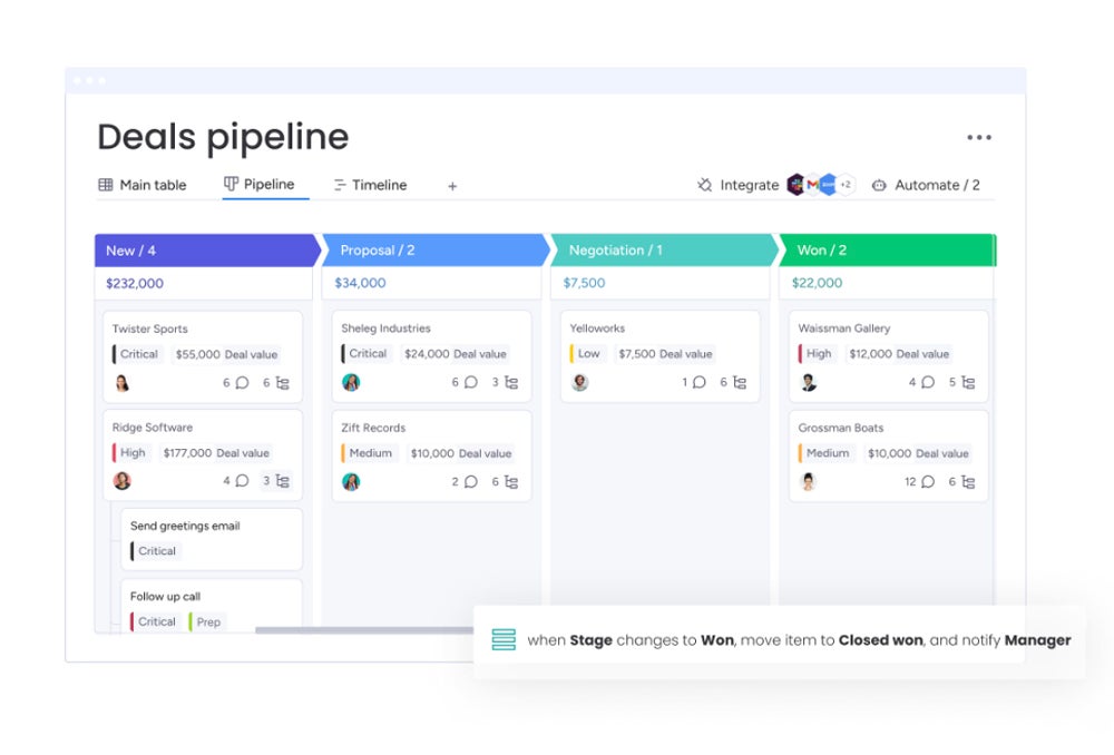 monday CRM deal pipeline feature.