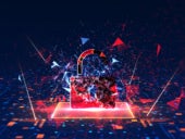 Virtual red lock icon exploding ona digital background.