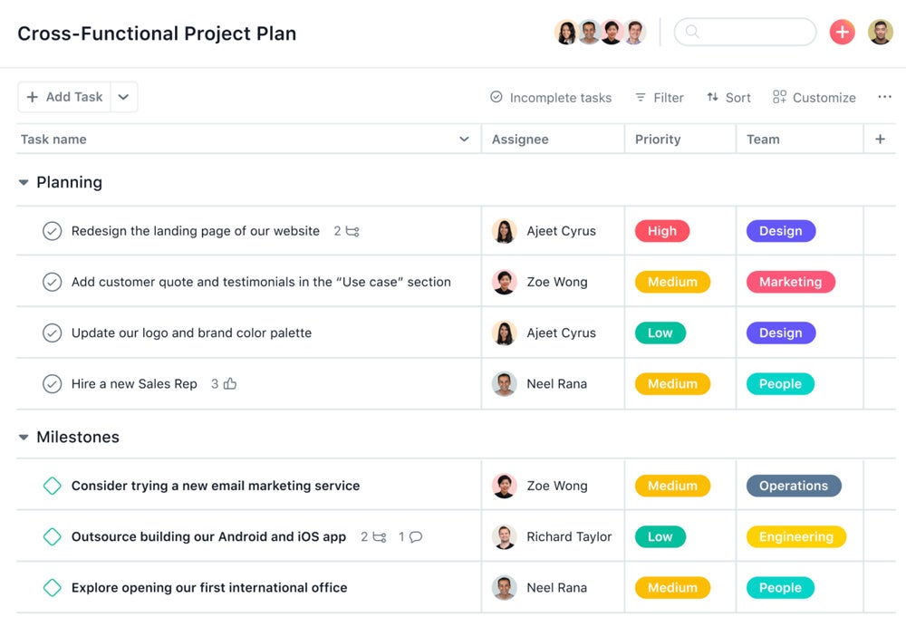 An example of one of Asana’s project planning templates.