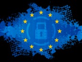 Grunge illustration of the EU stars, binary codes and closed lock icon.