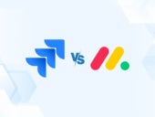 Versus graphic featuring the icons of Jira and monday.com