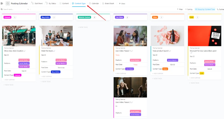 ClickUp posting calendar grouped by content type, showing scheduled social media tasks with images and tags.