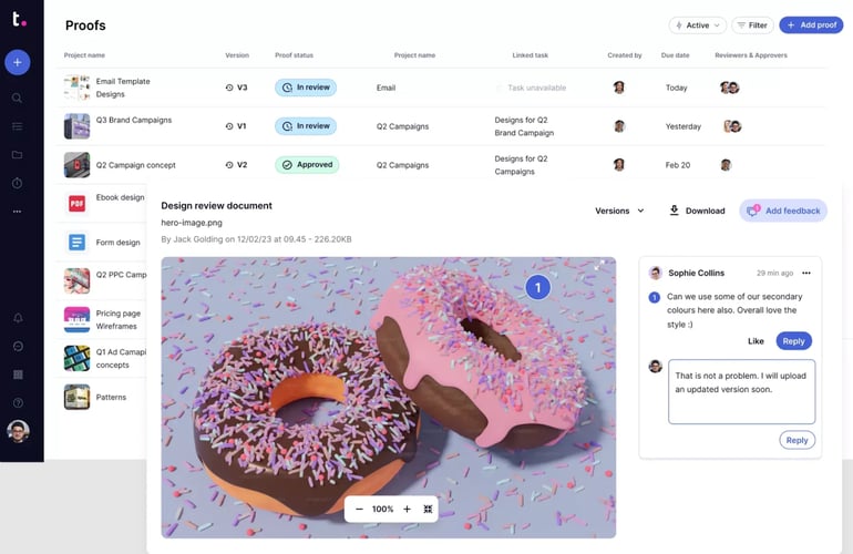 Teamwork.com proofing tool showing design review status, feedback comments, and visual assets under review.