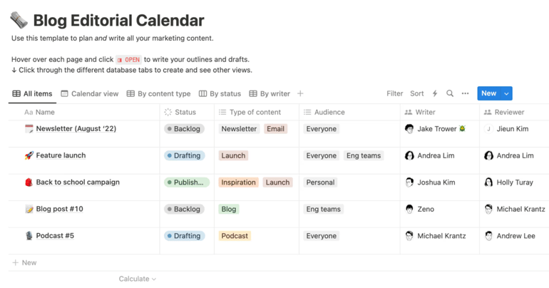 Notion blog editorial calendar with content statuses, types, audiences, and team assignments for each project.