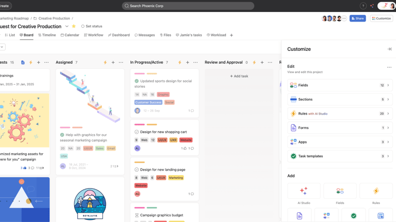 Asana project board view showing creative production tasks organized into columns like Assigned, In Progress, and Review, with a customization panel open on the right.